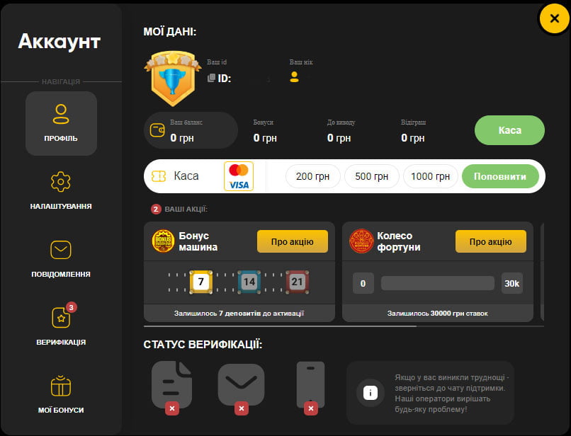 Кабінет користувача Слотс Сіті