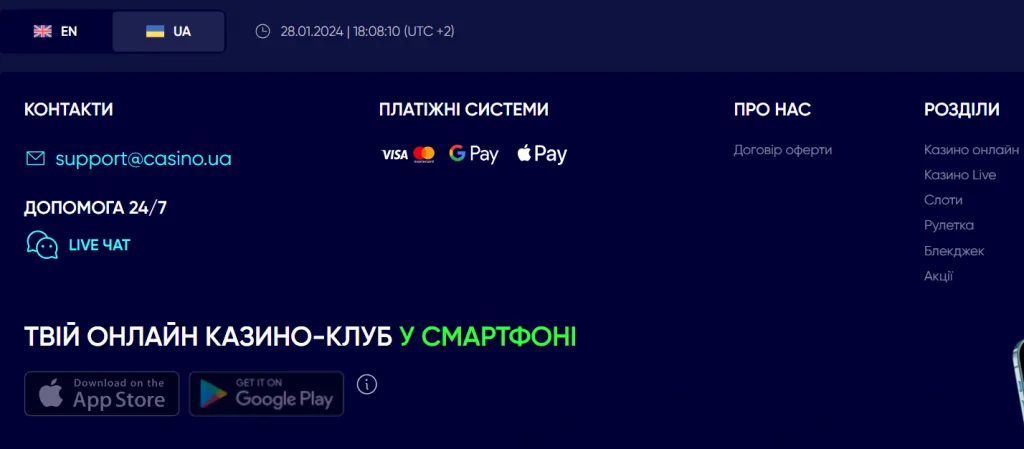 Детальний огляд казино Casino.ua 4 У футері є посилання на чат підтримки, майбутні додатки, корисну інформацію